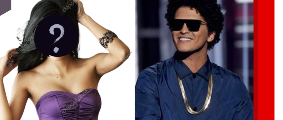 Bruno Mars pictured with his girlfriend, Jessica Caban, with a question mark over her face, symbolizing the mystery around their relationship status and whether Bruno Mars is married.