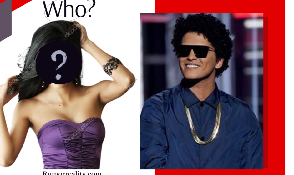 Bruno Mars pictured with his girlfriend, Jessica Caban, with a question mark over her face, symbolizing the mystery around their relationship status and whether Bruno Mars is married.