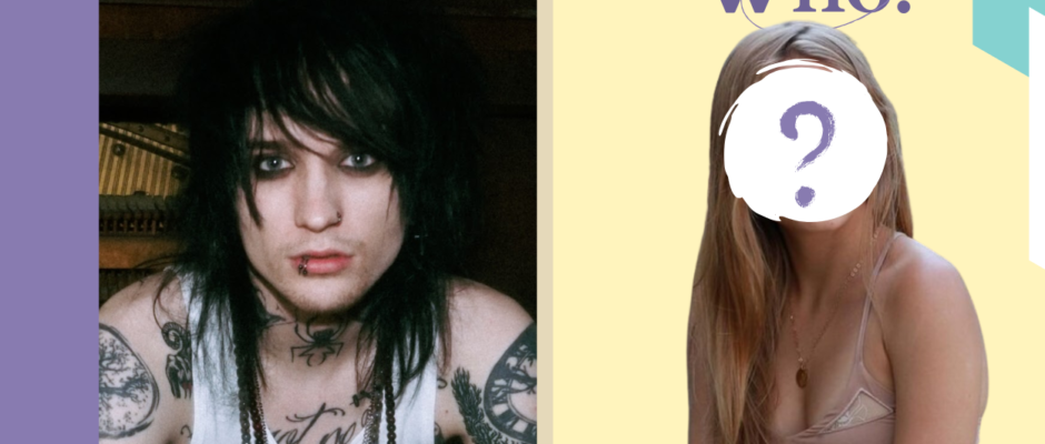 This image shows Johnnie Guilbert standing next to Grace Van Dien with a question mark covering her face, symbolizing curiosity about their relationship status.