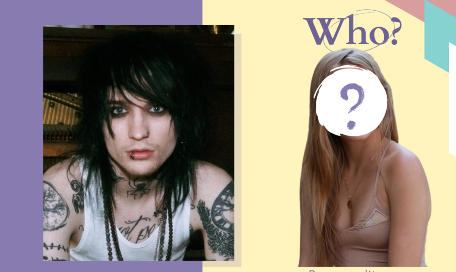 This image shows Johnnie Guilbert standing next to Grace Van Dien with a question mark covering her face, symbolizing curiosity about their relationship status.