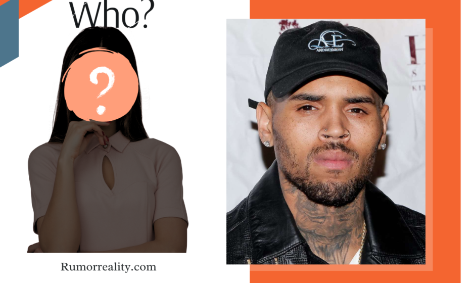 This image shows Chris Brown standing next to a woman with a large question mark symbol floating above them, representing the mystery and curiosity surrounding their relationship status.