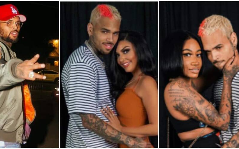 This image shows Chris Brown with three different women, each photo representing different moments in his dating life, highlighting his past relationships with multiple partners.