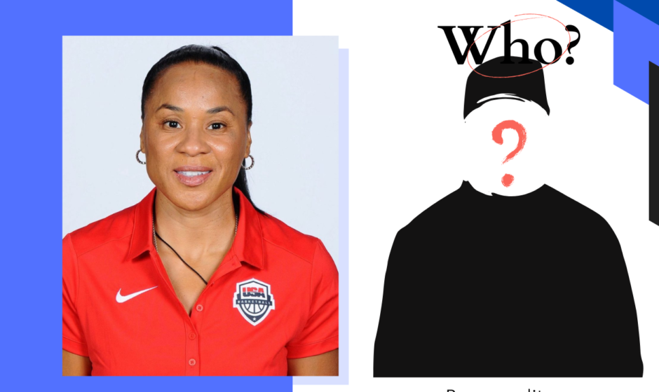 This image shows a silhouette representing a mystery partner beside Dawn Staley, with the text "Who is Dawn Staley's Partner?" overlaying a dark background, inviting curiosity about her private relationships.