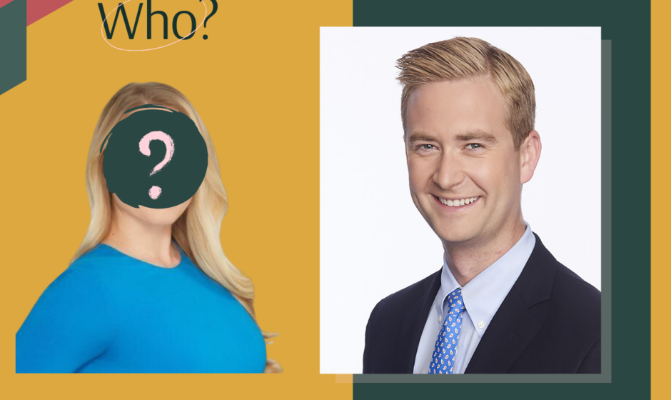 A picture of Peter Doocy with his wife Hillary Vaughn, both looking at the camera, with a question mark on Hillary's face symbolizing the question 'Who is Peter Doocy’s wife?' The image captures their expressions with curiosity and warmth.